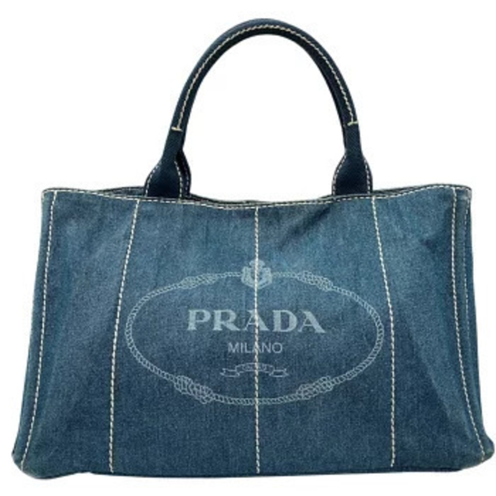 Prada Canapa L Denim Tote Bag Shoulder Handbag Blue